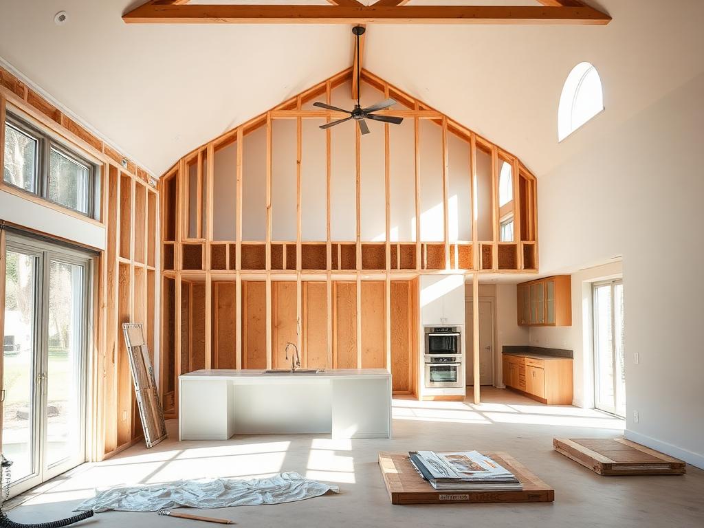 Interior of a home renovation showing new framing and an open kitchen addition