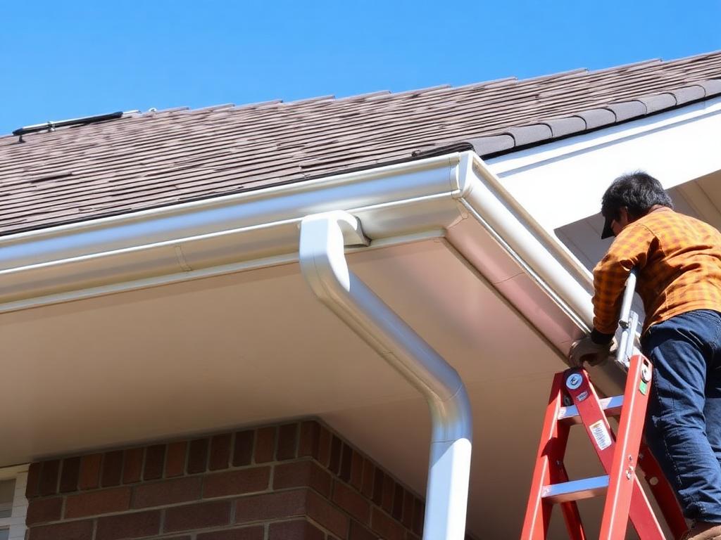 Technician installing seamless aluminum gutters along a roofline