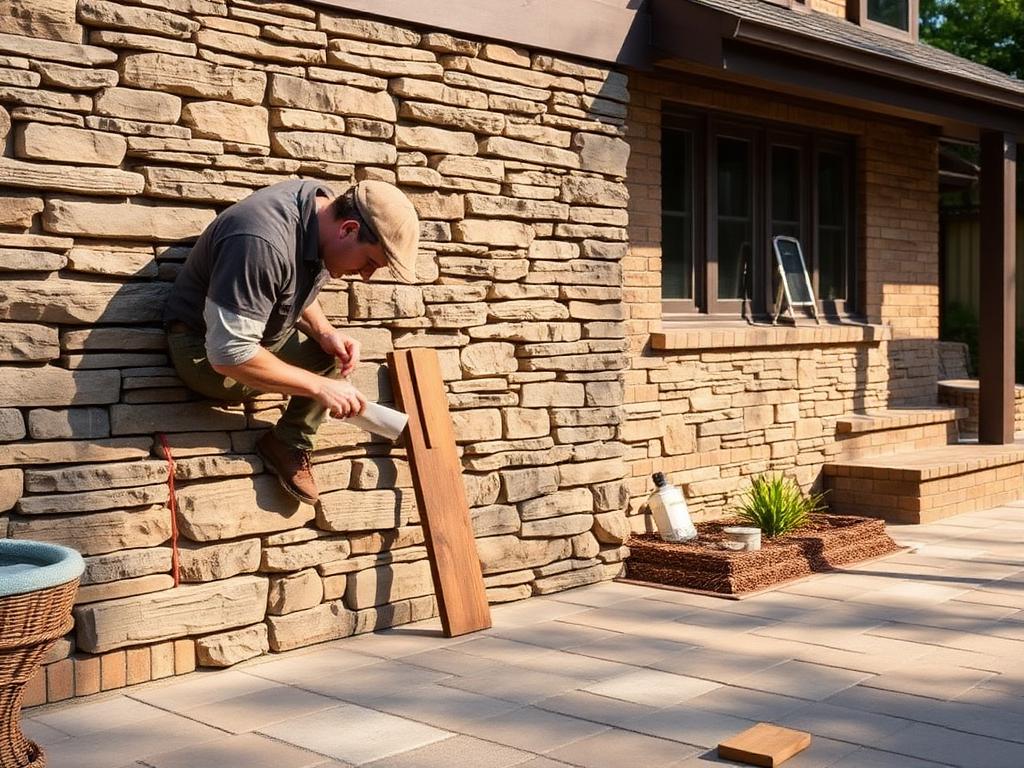 Mason installing stone veneer on an exterior wall next to a paver patio